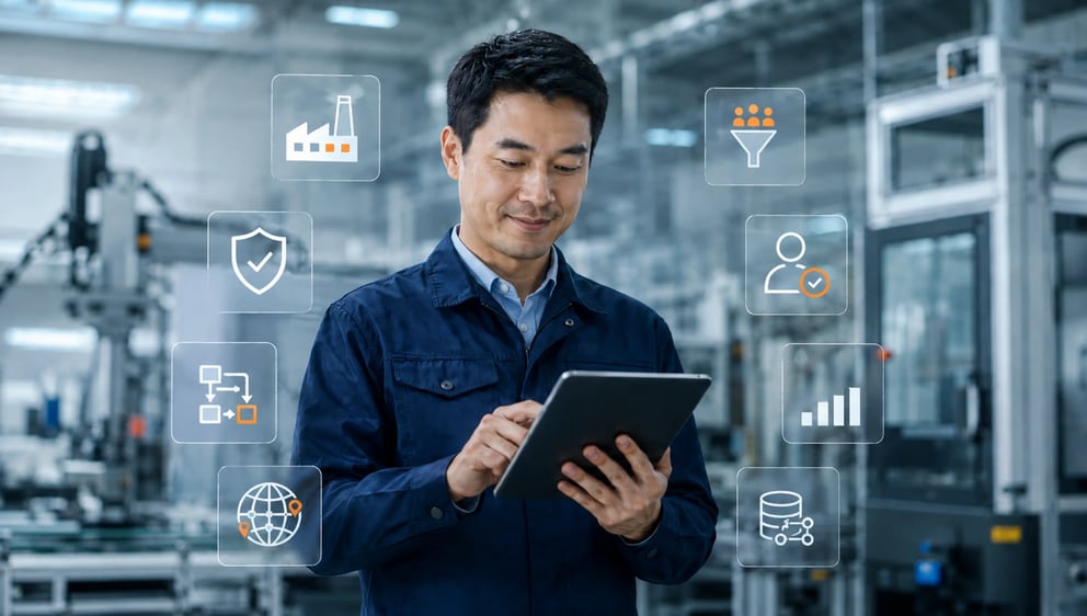 Factory worker using tablet with automation icons