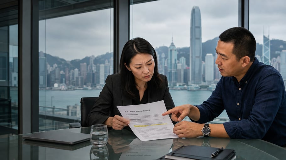 Corporate strategy discussion in Hong Kong office