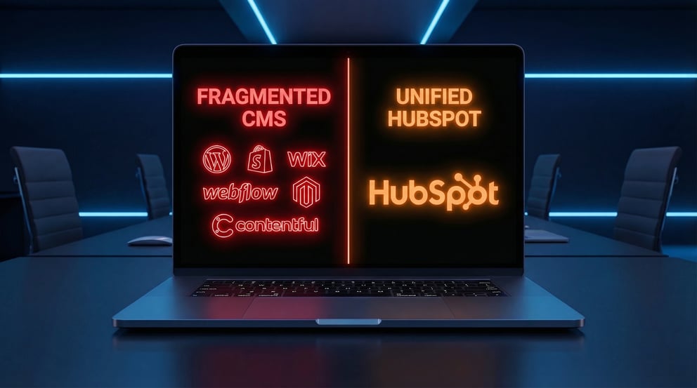 Laptop screen showing what a fragmented cms looks like vs a unifided HUbSpot CMS