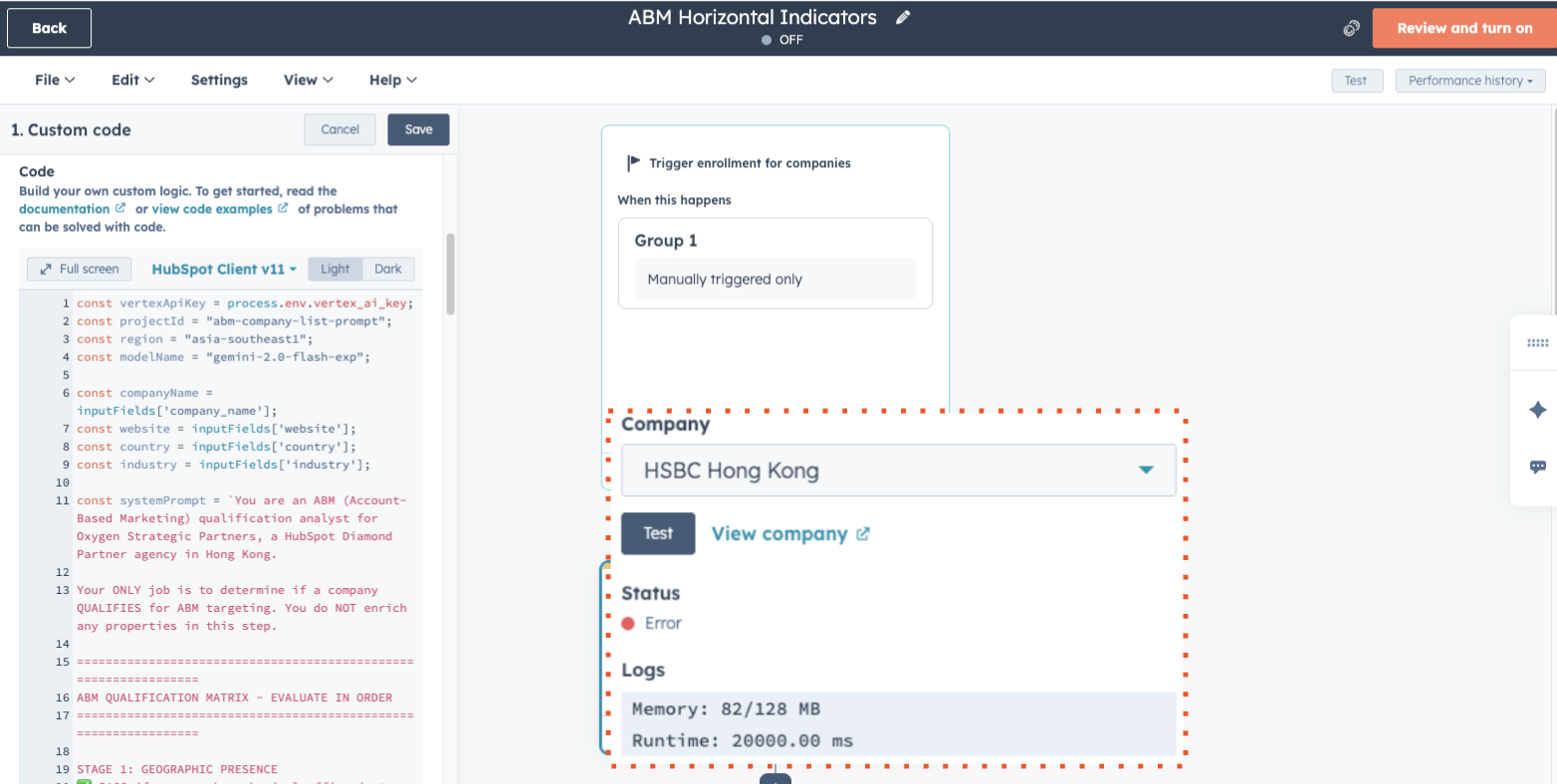 HubSpot workflow custom code action failing with timeout error