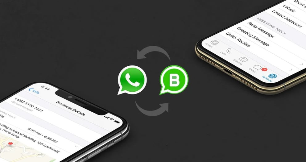 two phones and the WhatsApp and WhatsApp Business logo's