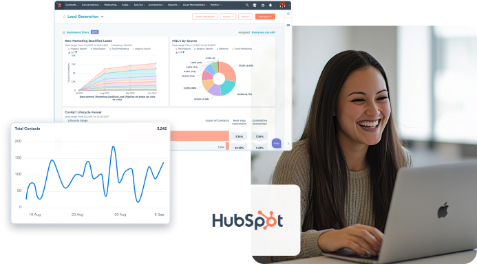 hubspot dashboard with a women using a laptop