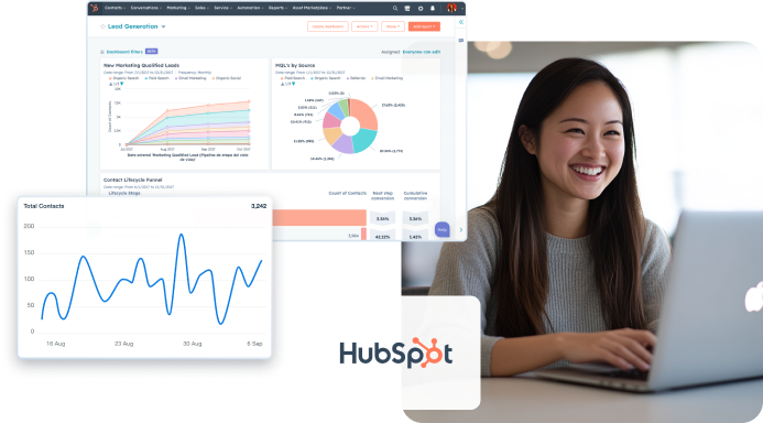 hubspot dashboard with an asian women using a laptop